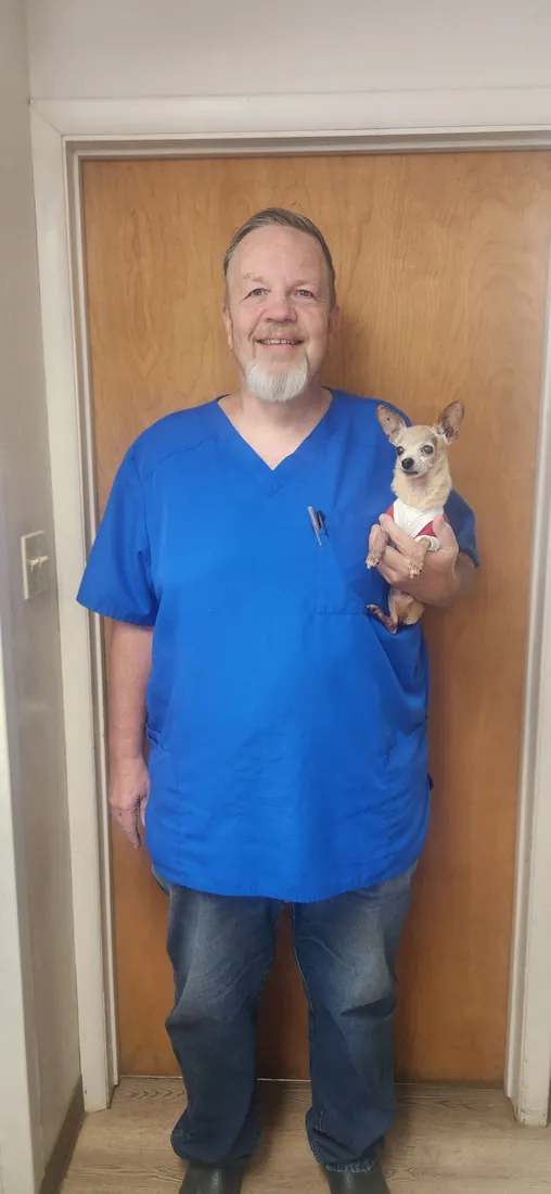 A veterinarian in blue scrubs at Bayfield Animal Hospital